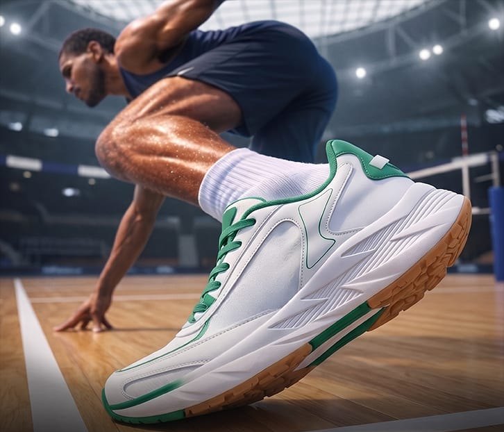 Athlete in white court shoes ready to sprint