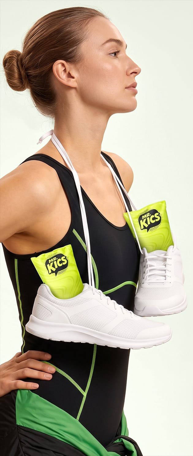 Athlete carrying white sneakers with Mr. Kics inserts